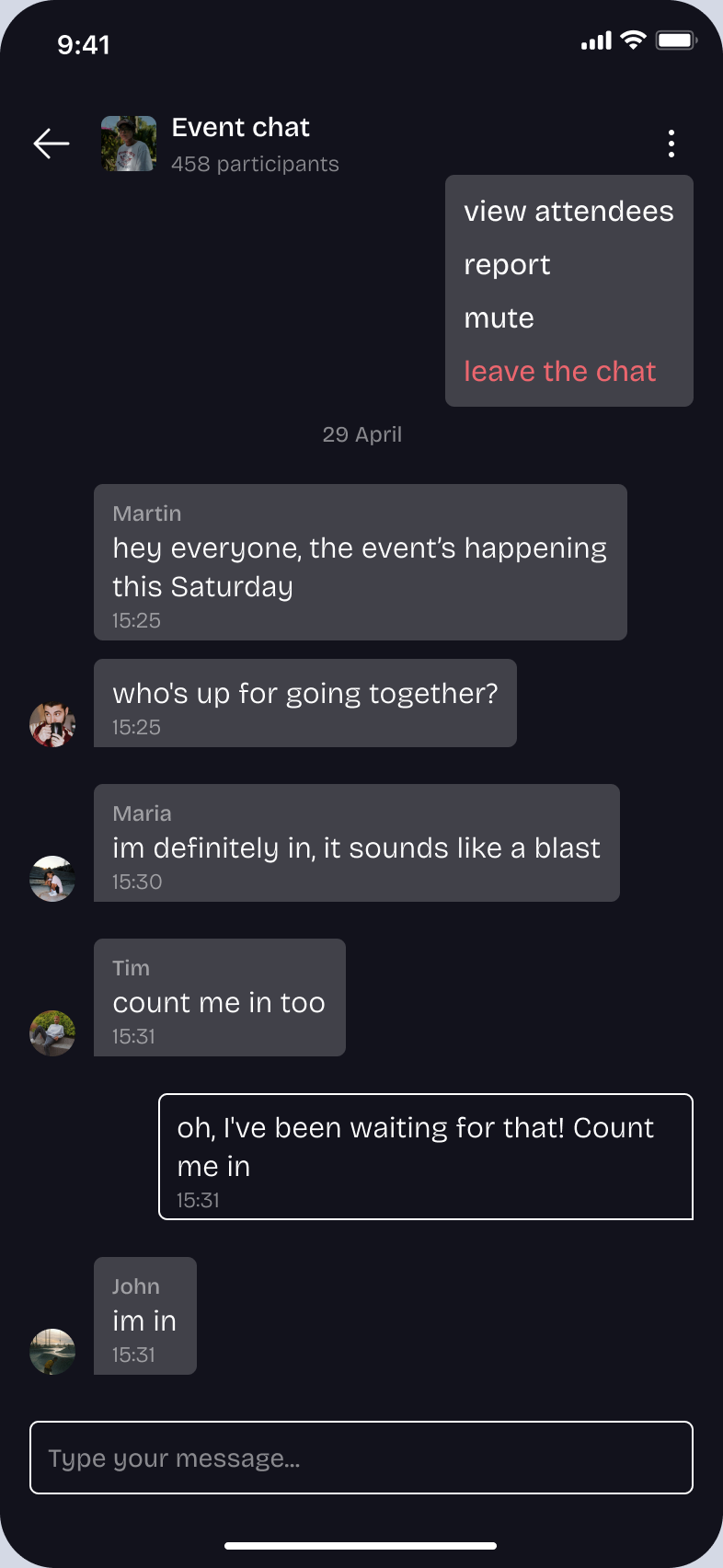 Ein Event-Chat in baesh: Leute sagen zu und verabreden, zusammen hinzugehen